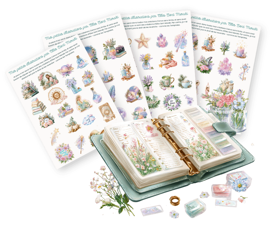 Planche du kit bonus de 70 stickers et illustrations